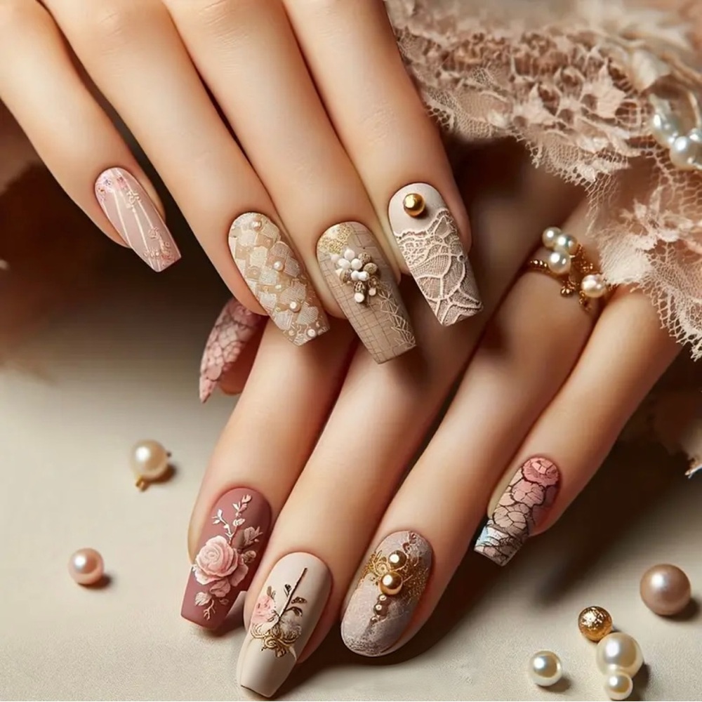 24pc Light Luxury Press-On Nail Set — Lace, Pearls & Floral Accent Design